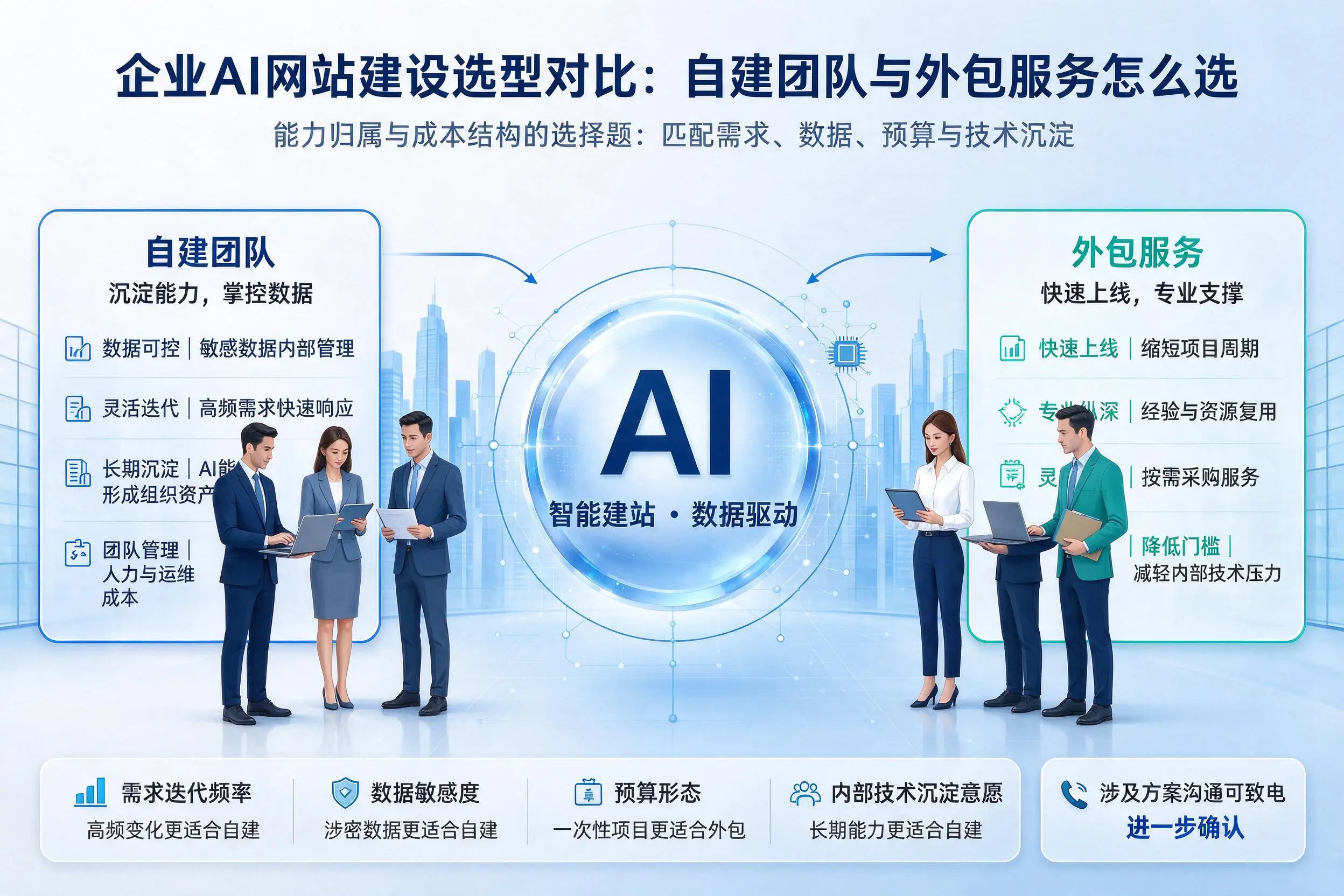 郴州企业AI网站建设选型对比:自建团队与外包服务怎么选